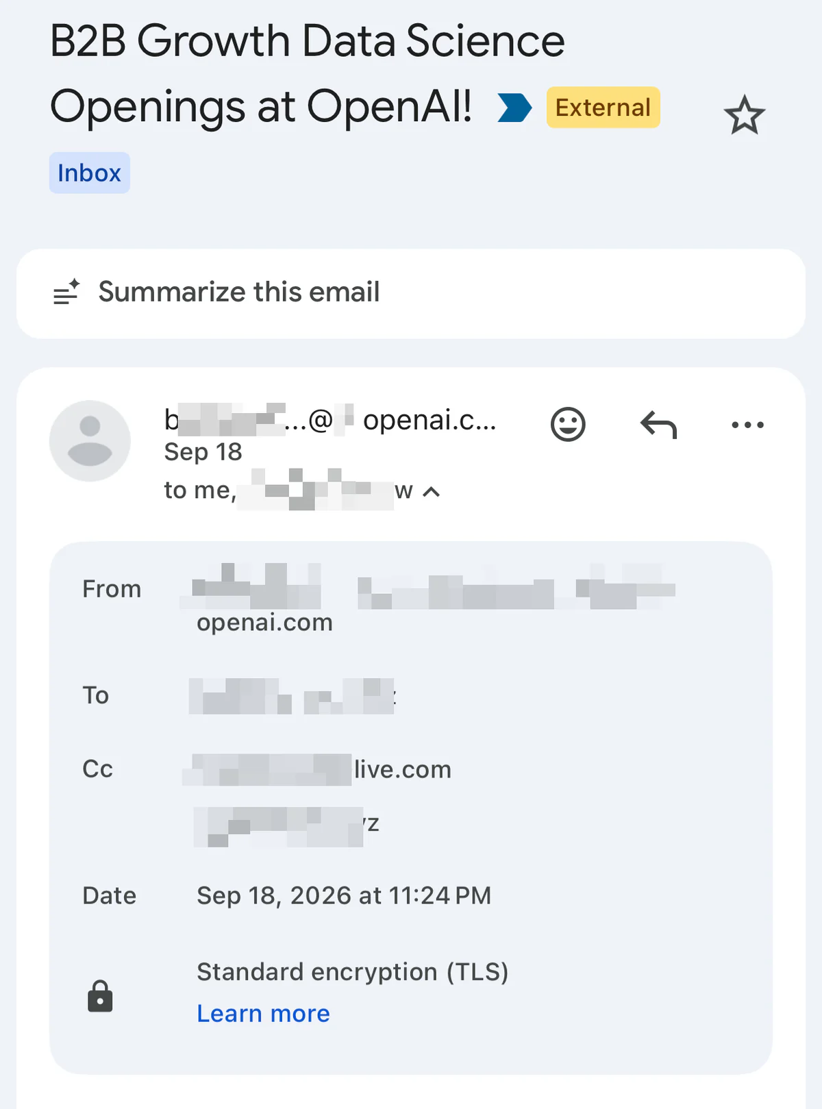 Gmail 截图：来自 openai.com 的邮件「B2B Growth Data Science Openings at OpenAI!」，2026 年 9 月 18 日，收件人和抄送地址已打码