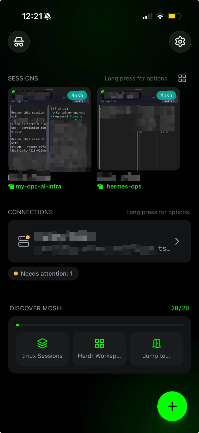 The Moshi app on an iPhone in dark mode: two live tmux sessions, my-opc-ai-infra and .hermes-ops, each with a Claude Code resume command; a connection marked “Needs attention: 1”; and shortcuts to tmux sessions, Herdr workspaces and Jump to.