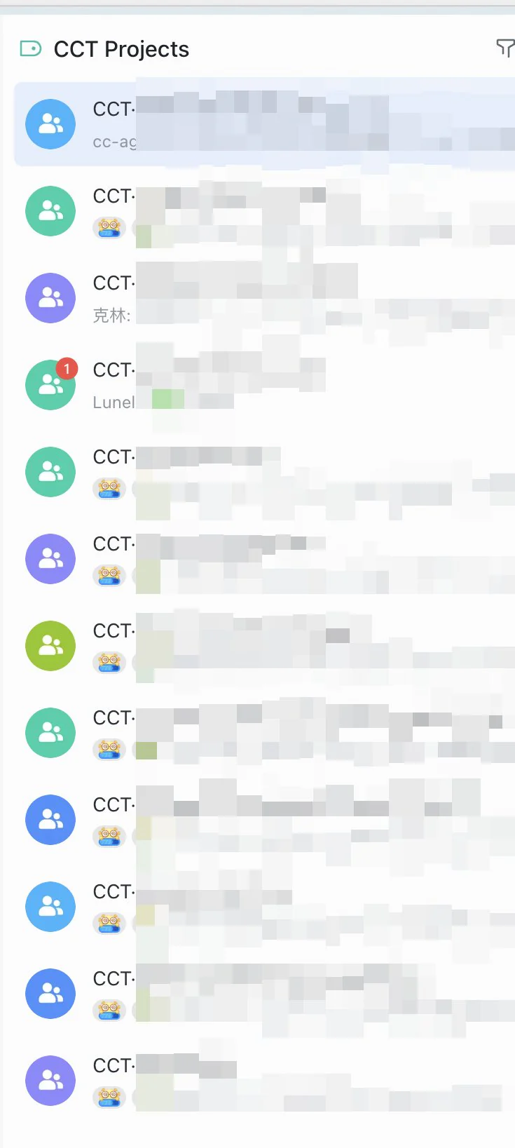 A Lark sidebar titled “CCT Projects” listing twelve project group chats, each named “CCT·” followed by a blurred project name, one with an unread badge.