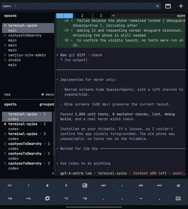 A Herdr workspace in a phone terminal, a similar setup rather than mine: spaces and grouped Codex agents on the left; on the right an agent reports 1,082 unit tests, 8 emulator checks, lint and a debug build passed after working 12 minutes 45 seconds, but it could not confirm the app on the locked device.