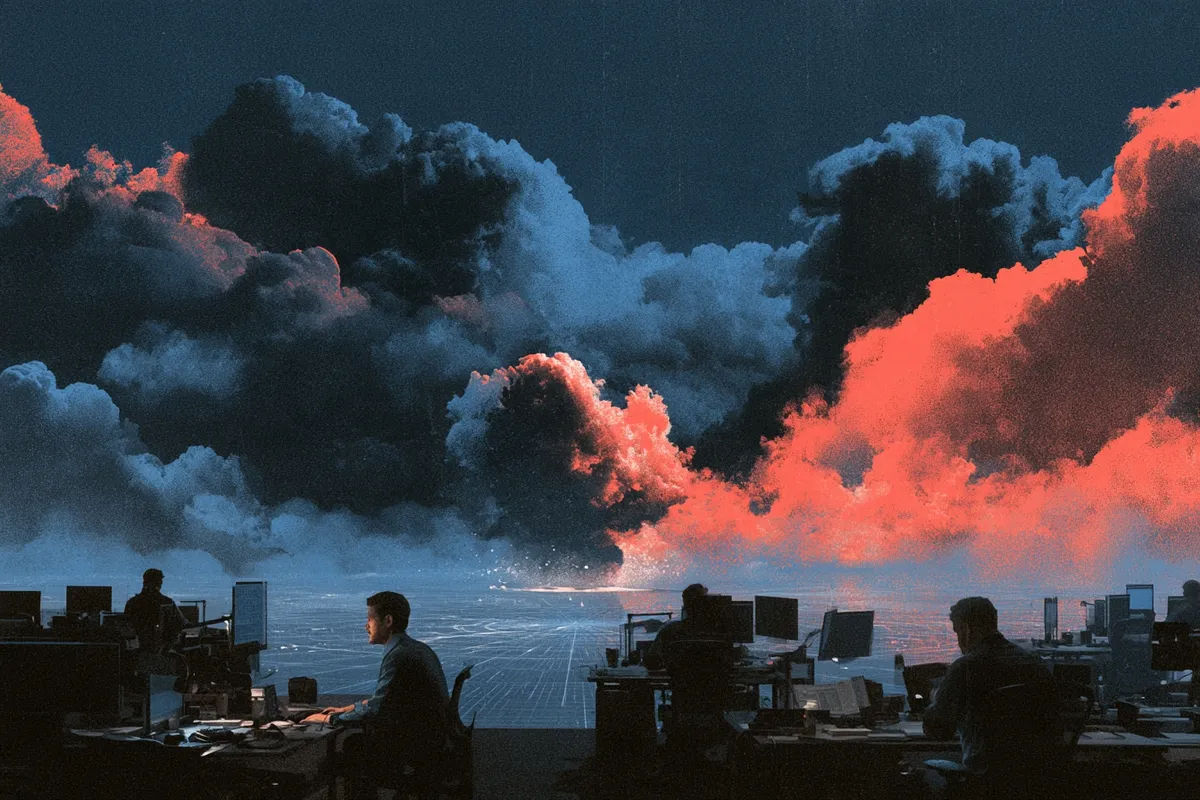Office workers at their desks while a storm cloud glowing red builds on the horizon