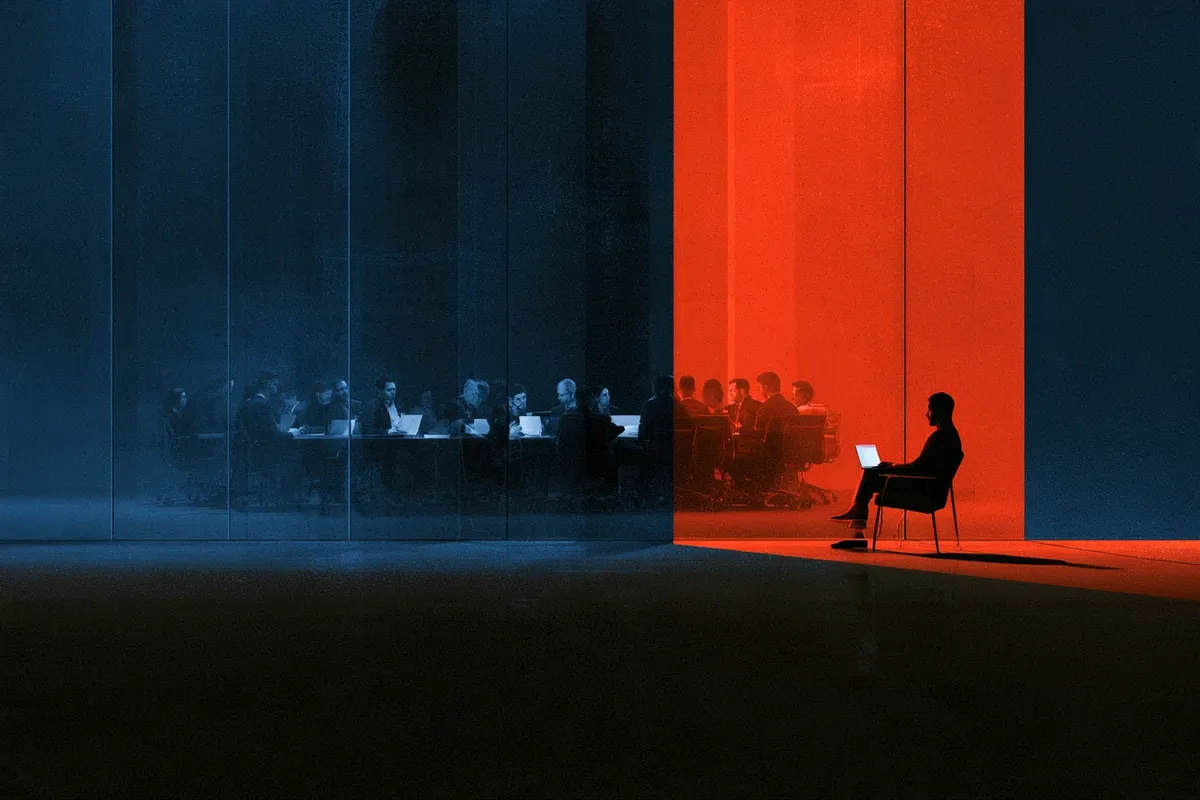 A person sits alone with a laptop outside a glass meeting room full of colleagues