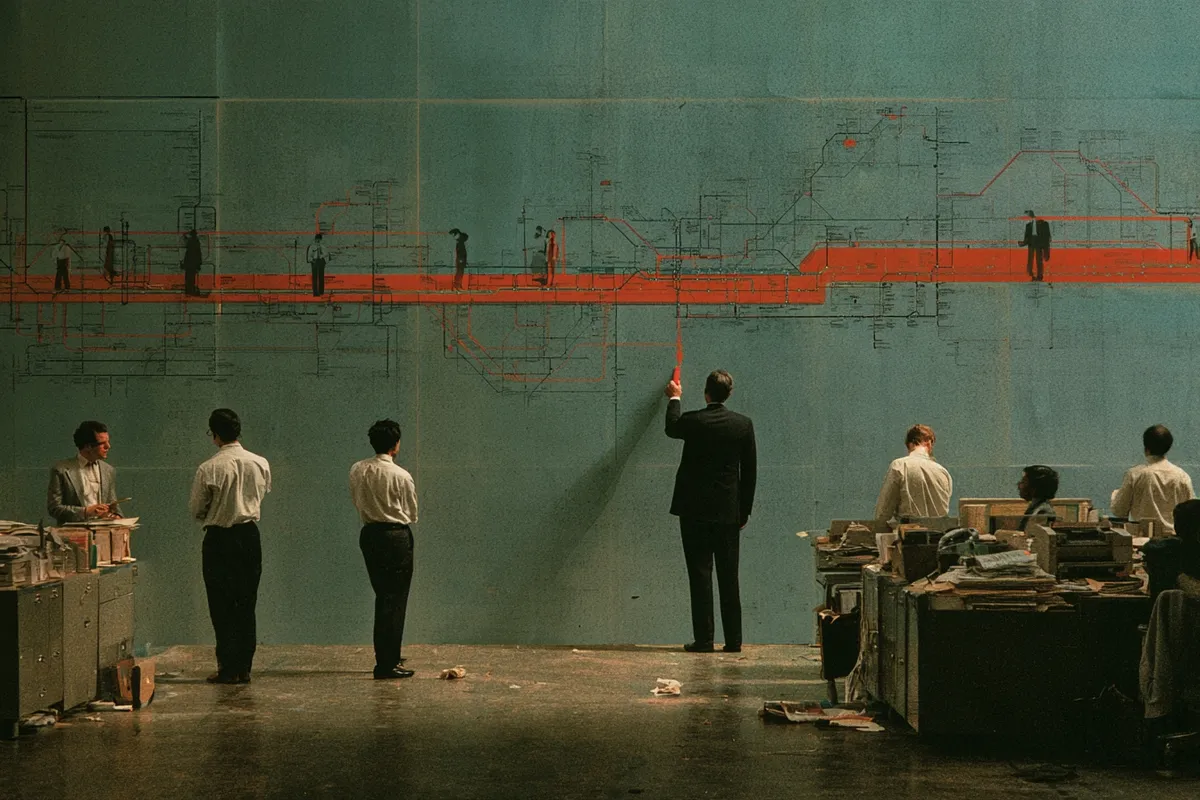 A man in a suit redraws a red line across a wall-sized org diagram while staff stand and watch