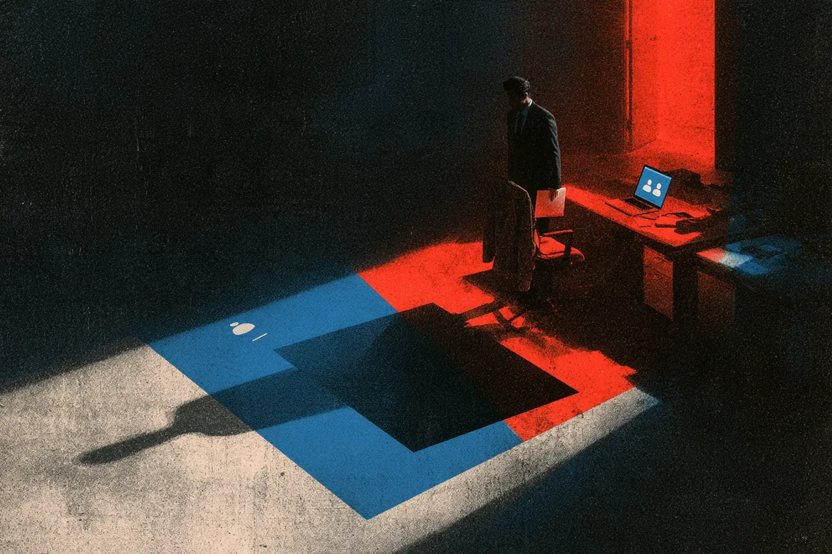 A man in a suit holding papers beside an empty desk, lit by a red doorway, with a video call waiting on the laptop
